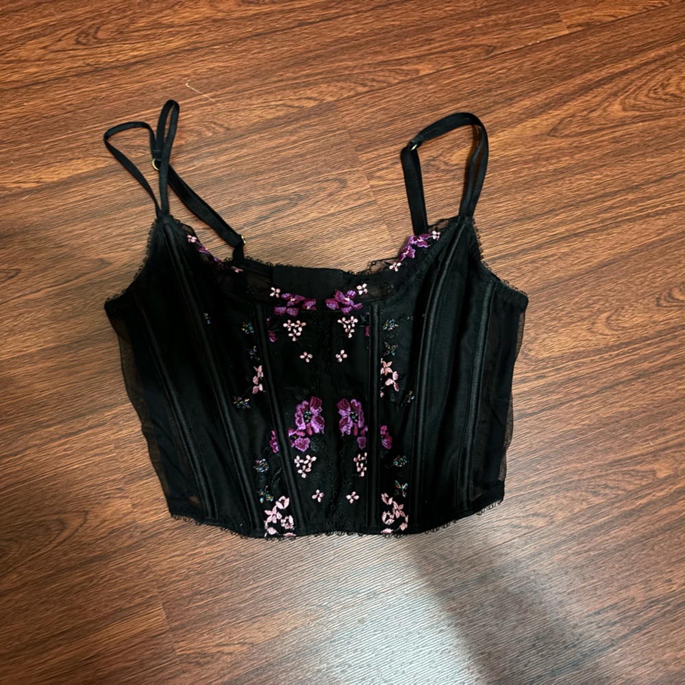 Victoria secret black corset with purple and pink flowers
